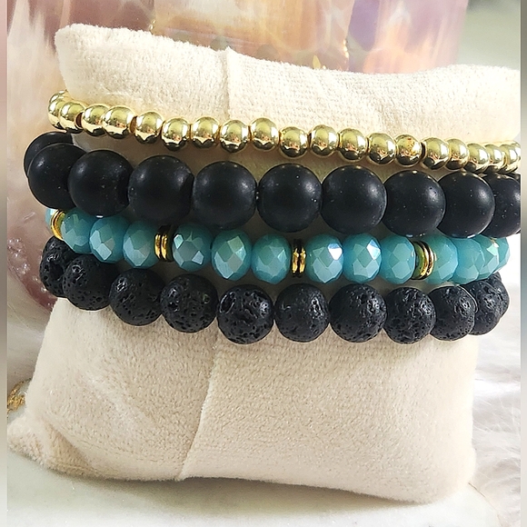 NWT Ryze Natural Stone Larimar & Lava Rock Beaded Staxx Bracelets - Set of 4 - Picture 5 of 8